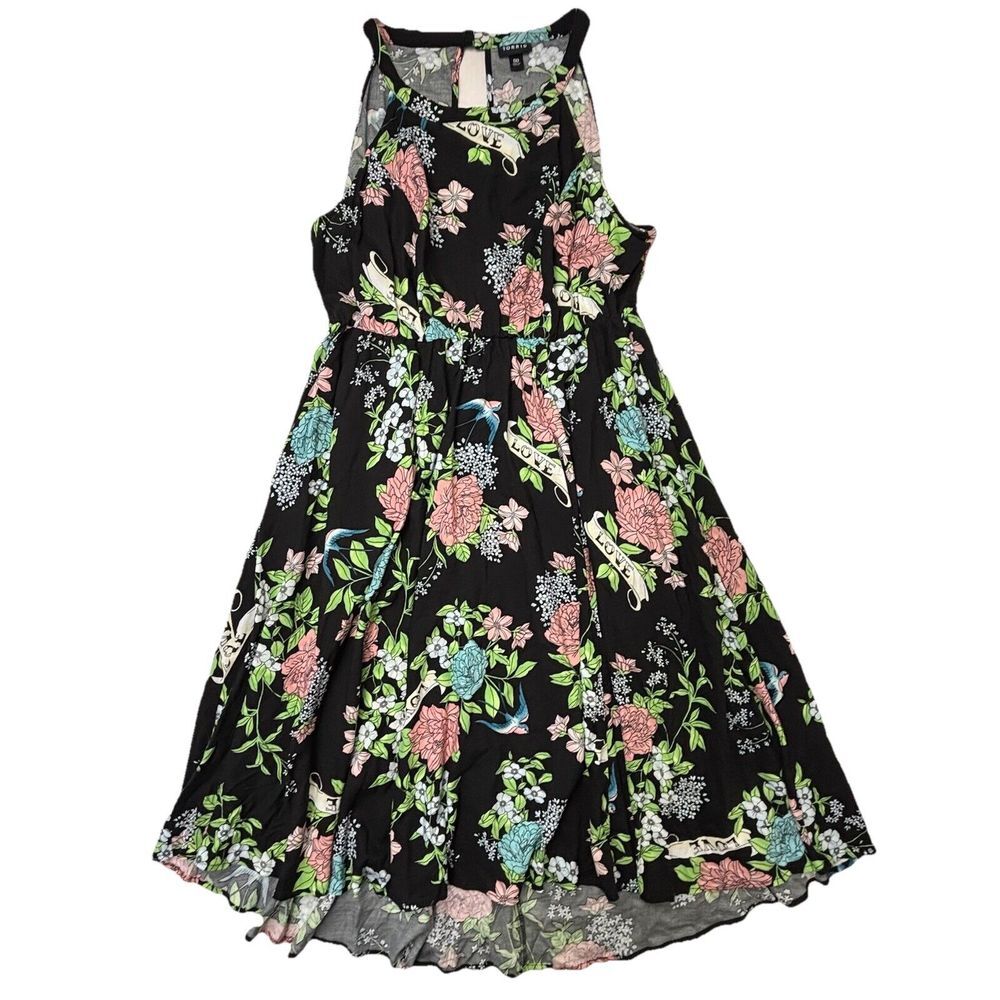 Torrid Floral Dress Midi Black Keyhole Open Back 00/12 Large Sleeveless Rock EUC - Picture 7 of 14
